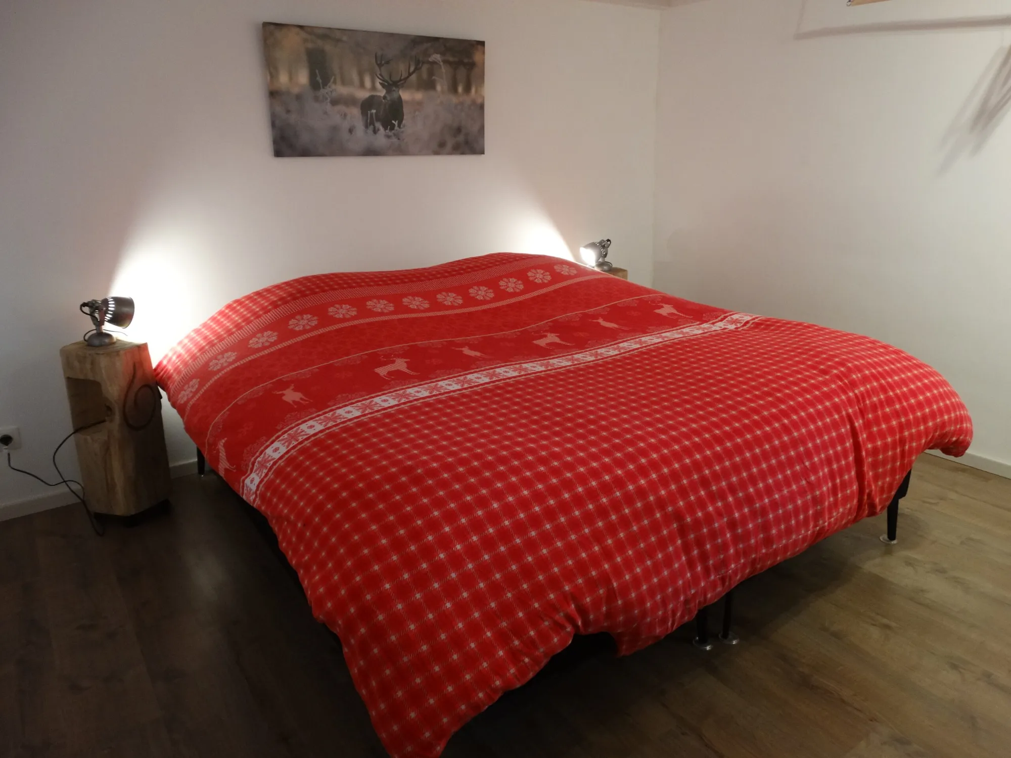 The bedroom set up with a double bed