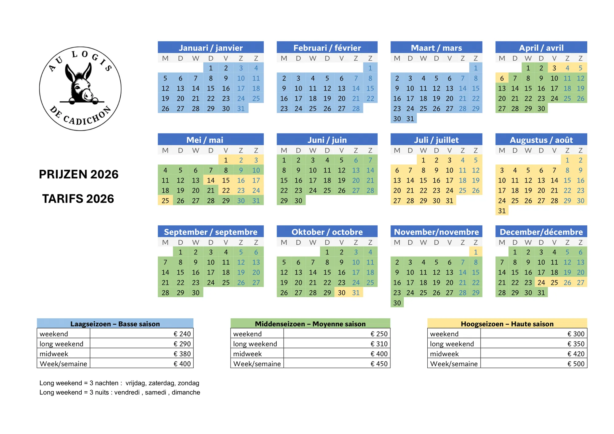 Kalender 2026 met laag-, midden- en hoogseizoen